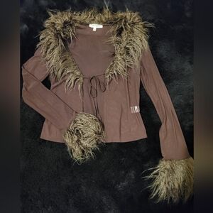 Bear Dance From Dolls Kill Brown Faux Fur Trim Mesh Cardigan Cover Up